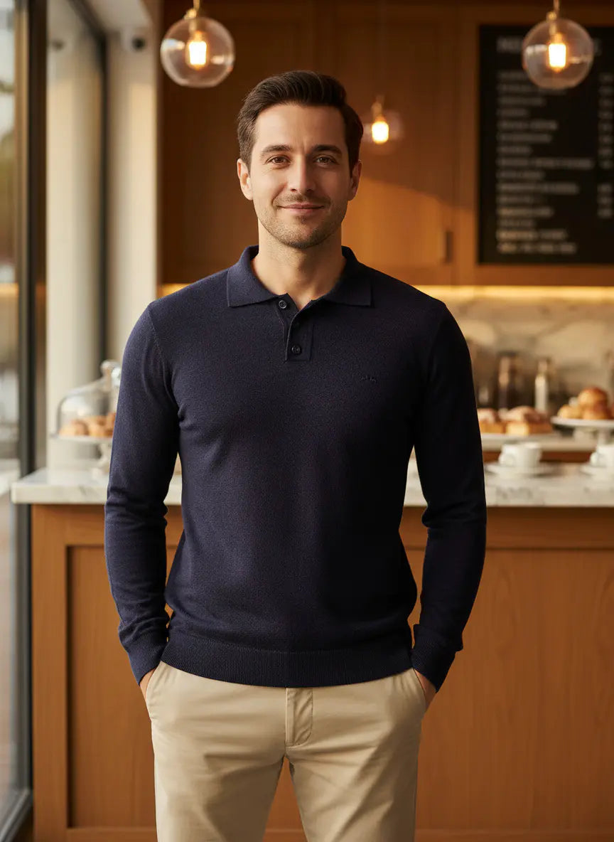 A man in a navy blue polo sweater and beige pants stands inside a modern café, smiling at the camera. Warm lighting and pastries on the counter create a cozy atmosphere.