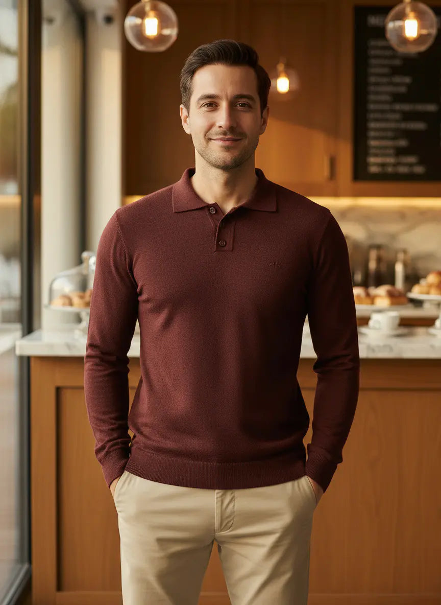 A man with short brown hair stands in a cozy café, smiling slightly. He wears a maroon long-sleeve polo shirt and beige pants, with his hands in his pockets. The café has warm lighting and pastries in the background.