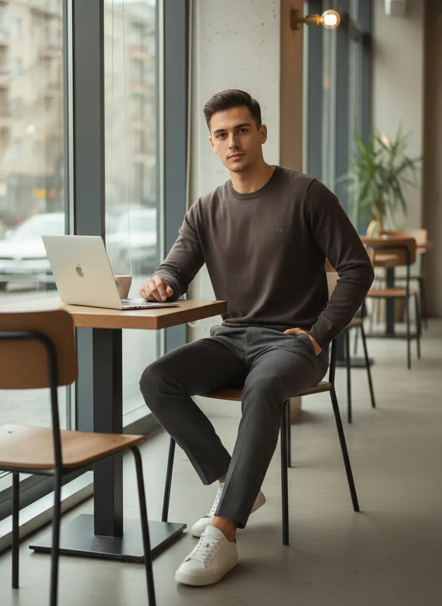 A young man sits at a cafe table by a window, using a laptop. He wears a brown sweater, gray pants, and white sneakers. One hand is on the laptop, the other in his pocket.