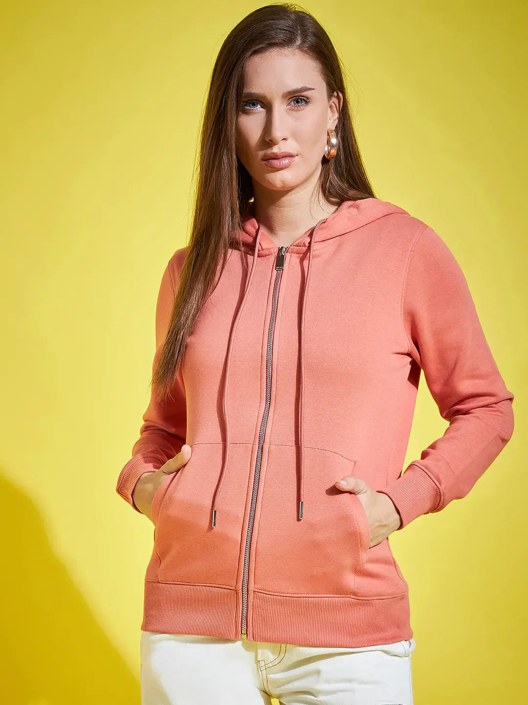 98 Degree North Women’s Light Orange Fleece Zipper Hoodie Sweatshirt – Pastel Warm Everyday Wear