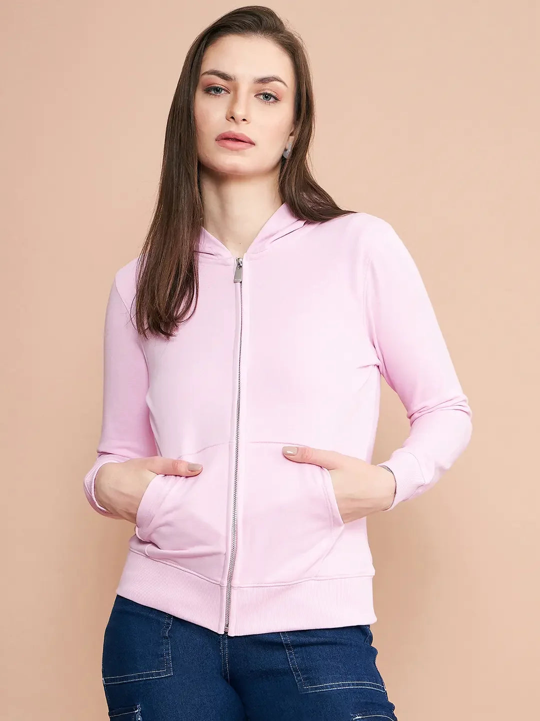 98 Degree North Women’s Light Pink Zipper Hoodie Sweatshirt – Casual Streetwear with Pastel Charm