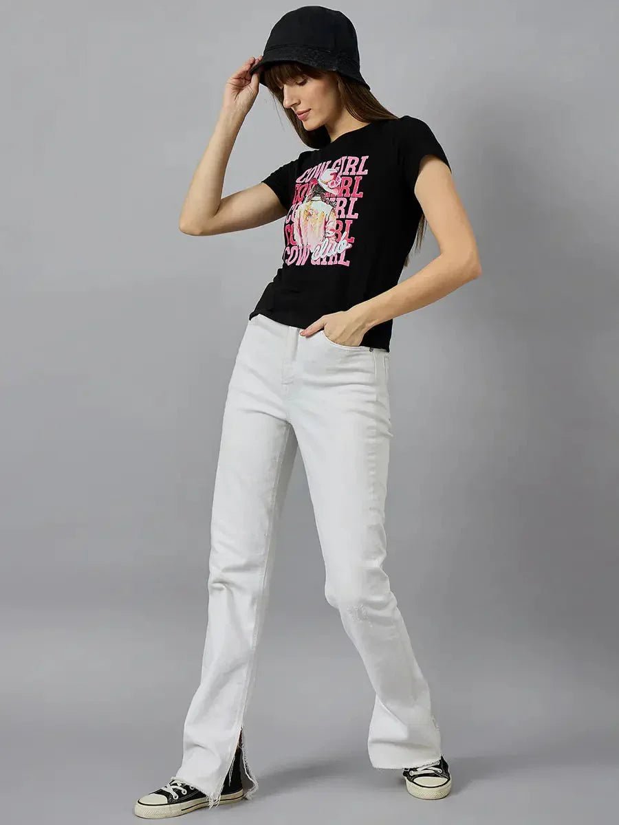 A versatile cotton round-neck t-shirt with bold typography detailing