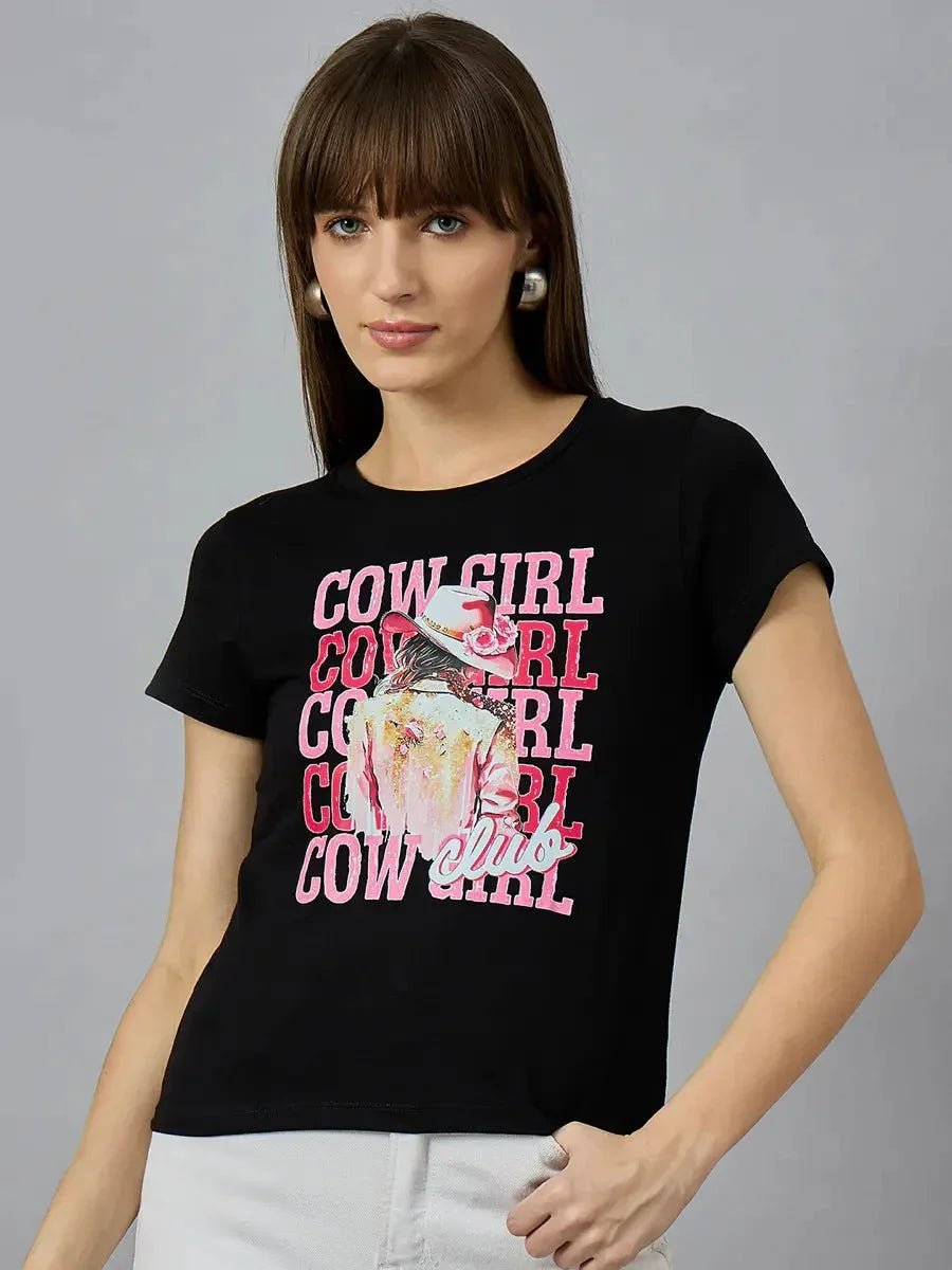 A versatile cotton round-neck t-shirt with bold typography detailing