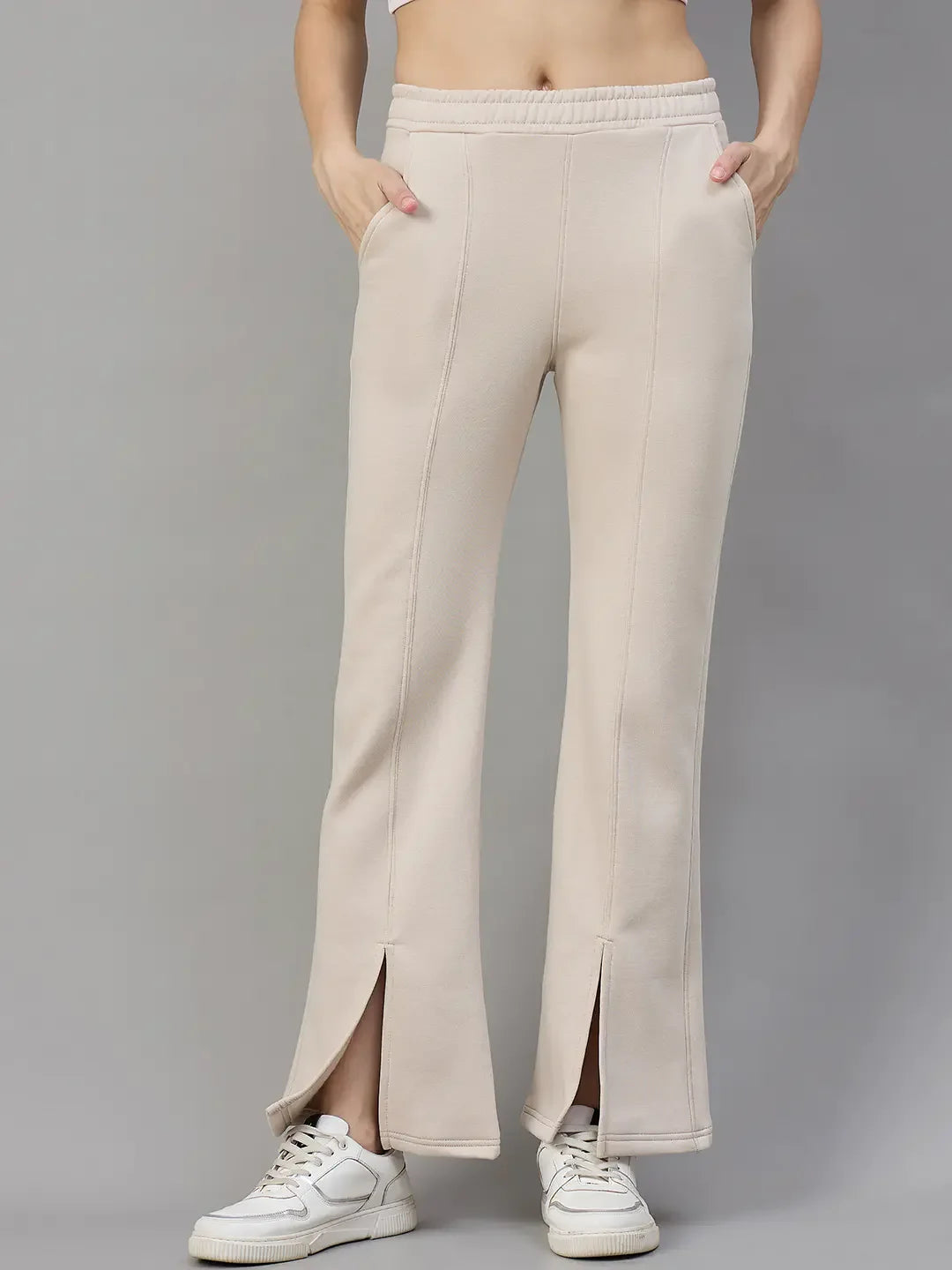 Beige Women’s Fleece Flared Sweatpants – Bootcut Track Pants for Casual Winter Wear India