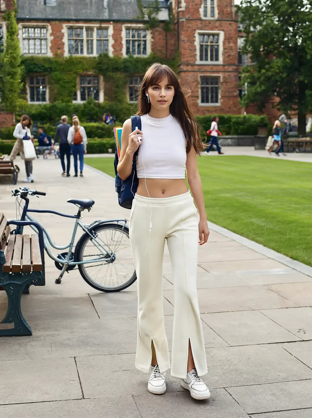 A woman in 98degreenorth Butter Yellow Fleece Bootcut Sweatpants walks on campus, carrying a backpack near other students.