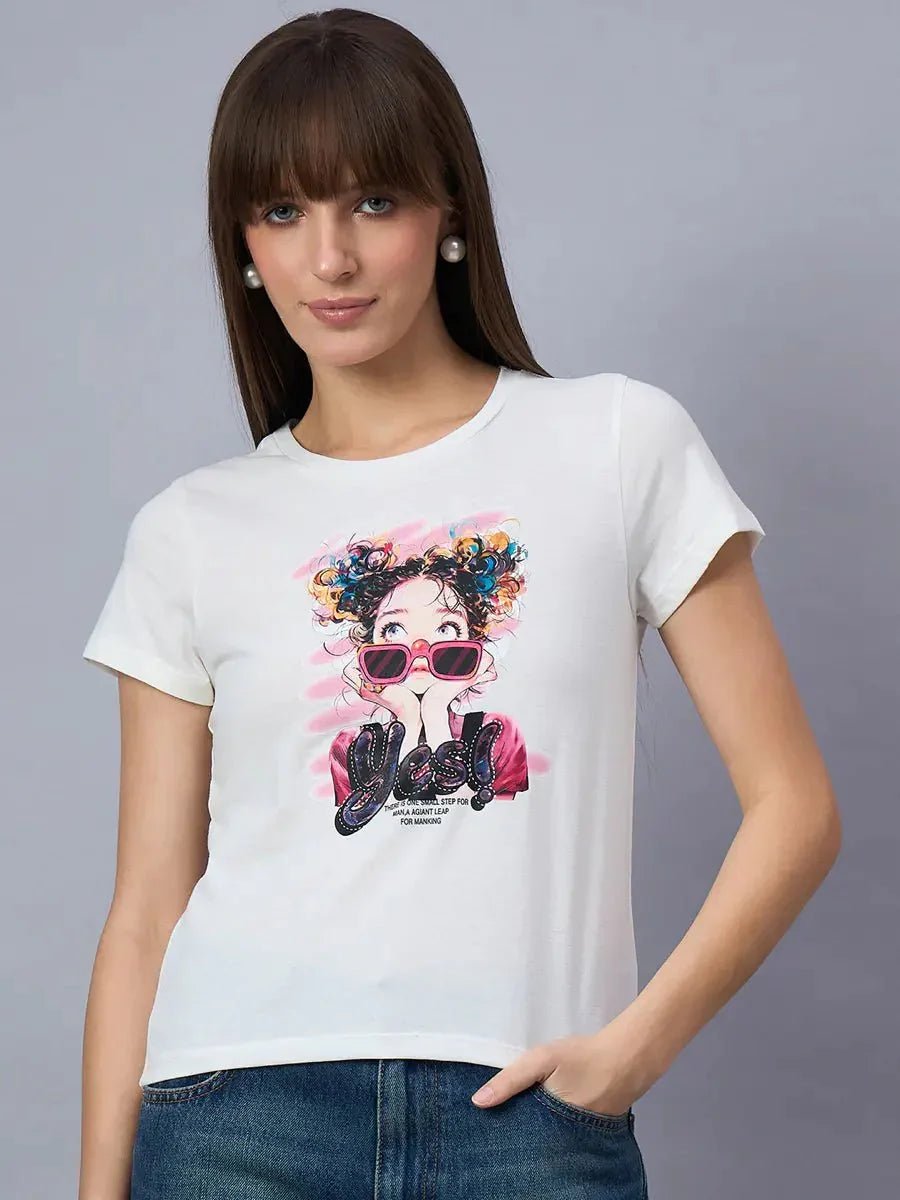 Woman with straight brown hair wears the 98degreenorth typography cotton streetwear tee for women.