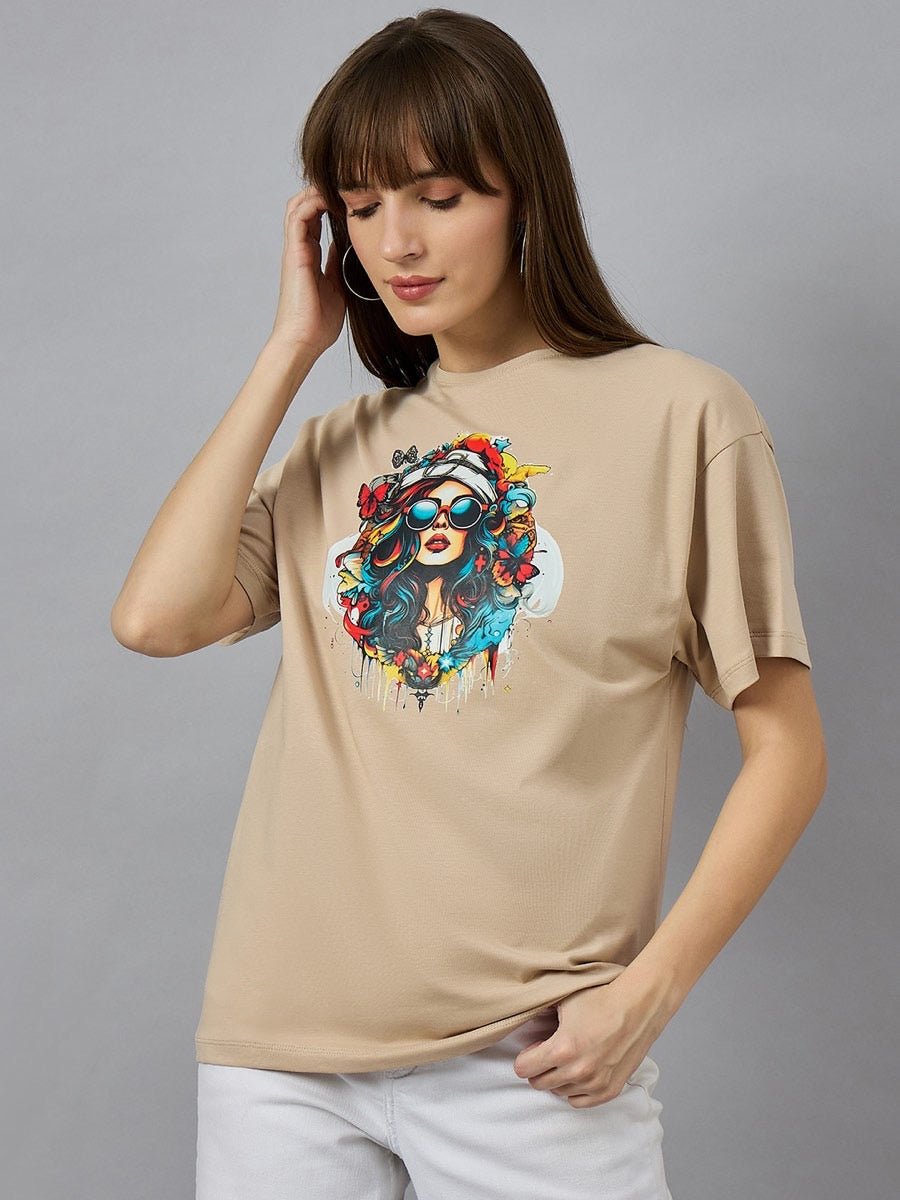 Model wears 98degreenorths Casual Cotton Round Neck T-shirt with Typography Print, posing against a grey background.