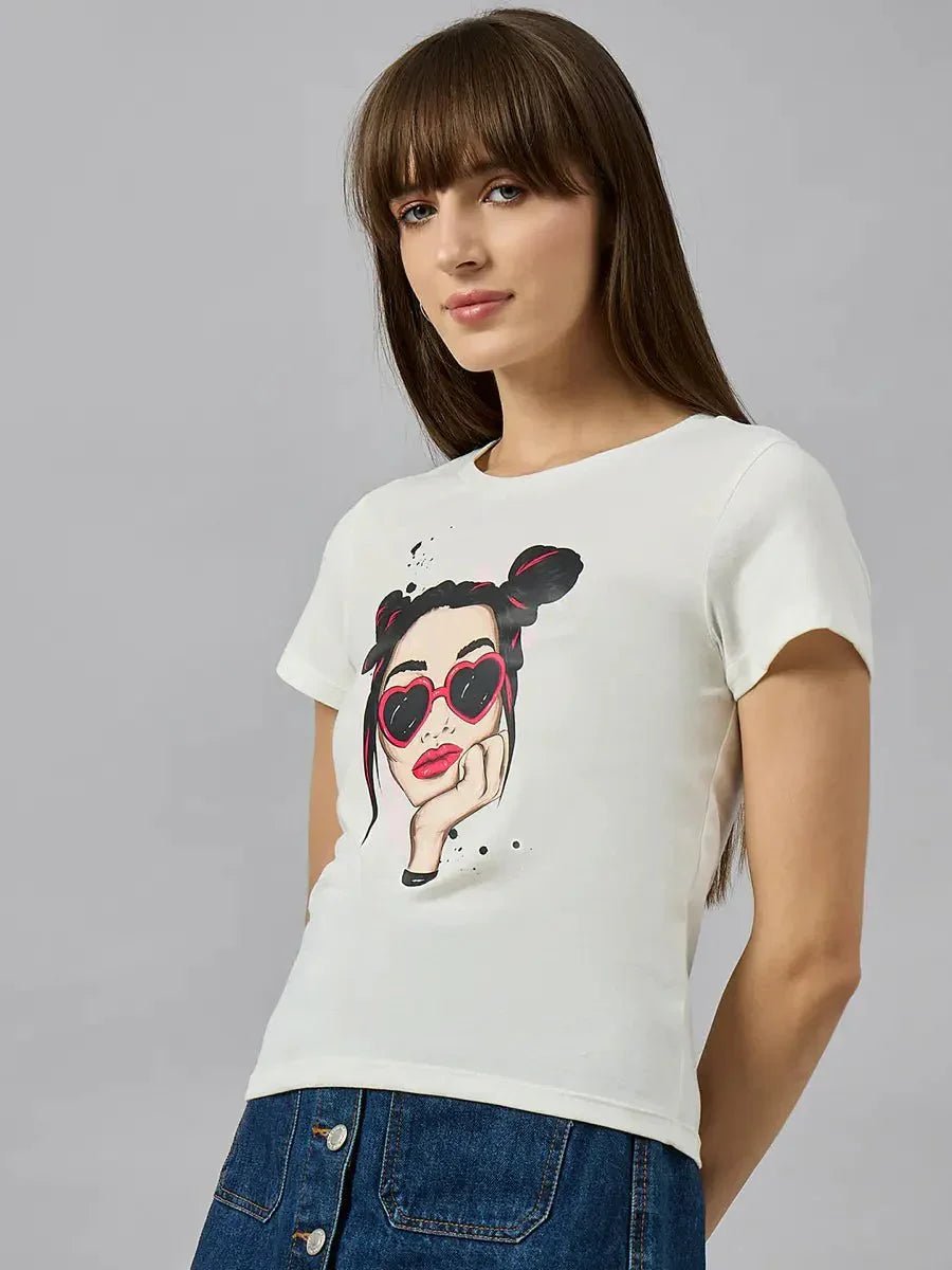Woman in 98degreenorth Casual Cotton Typography T-Shirt, styled streetwear, against a gray background.