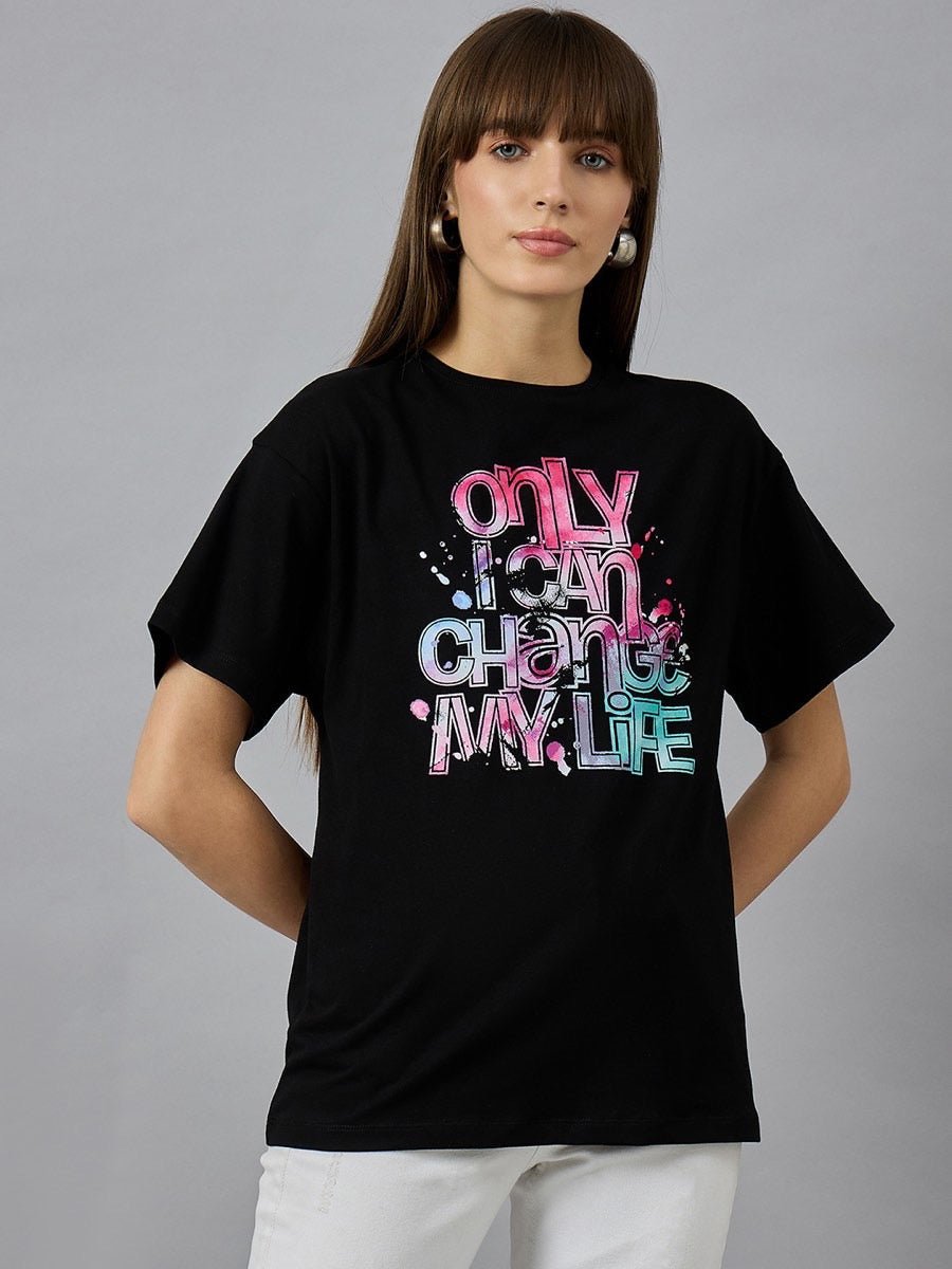 Casual Oversized Cotton T-shirt – Typography Print with Drop Shoulder