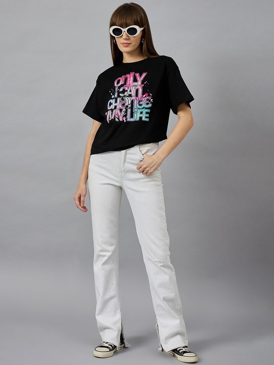 Casual Oversized Cotton T-shirt – Typography Print with Drop Shoulder