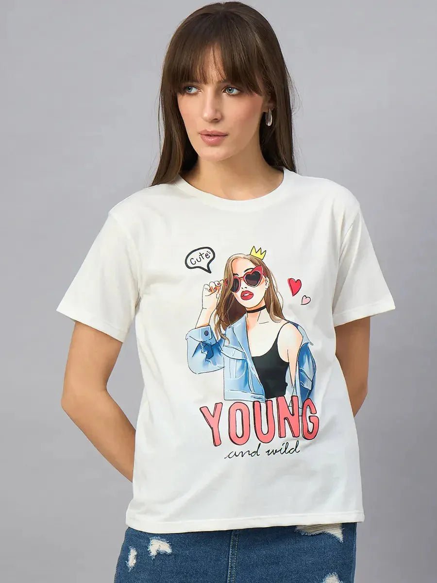 Woman wearing 98degreenorth Casual Streetwear Cotton Typography T-shirt with Young and wild graphic and red hearts.