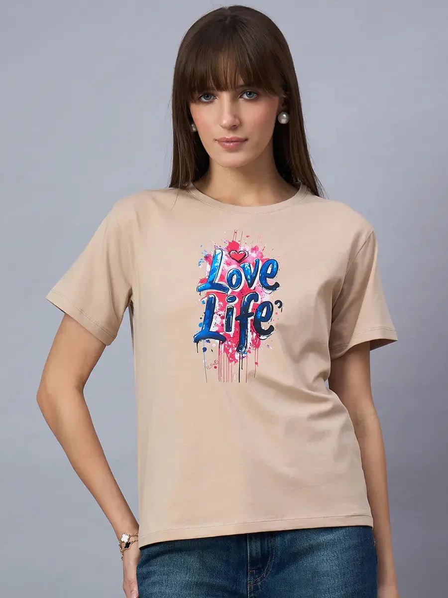 Casual Women’s Typography Printed T-shirt – 100% Cotton, Round Neck Streetwear