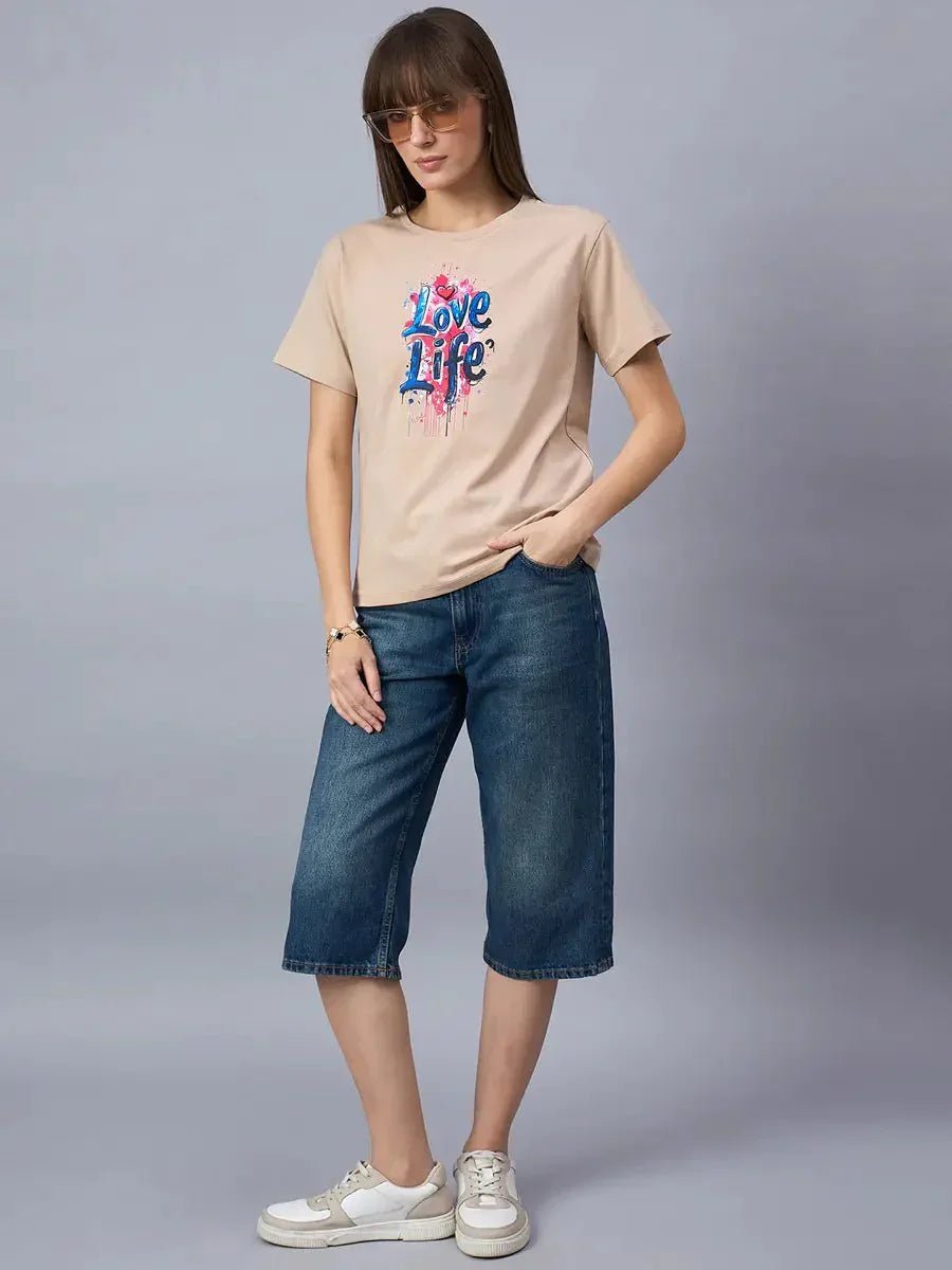 Casual Women’s Typography Printed T-shirt – 100% Cotton, Round Neck Streetwear