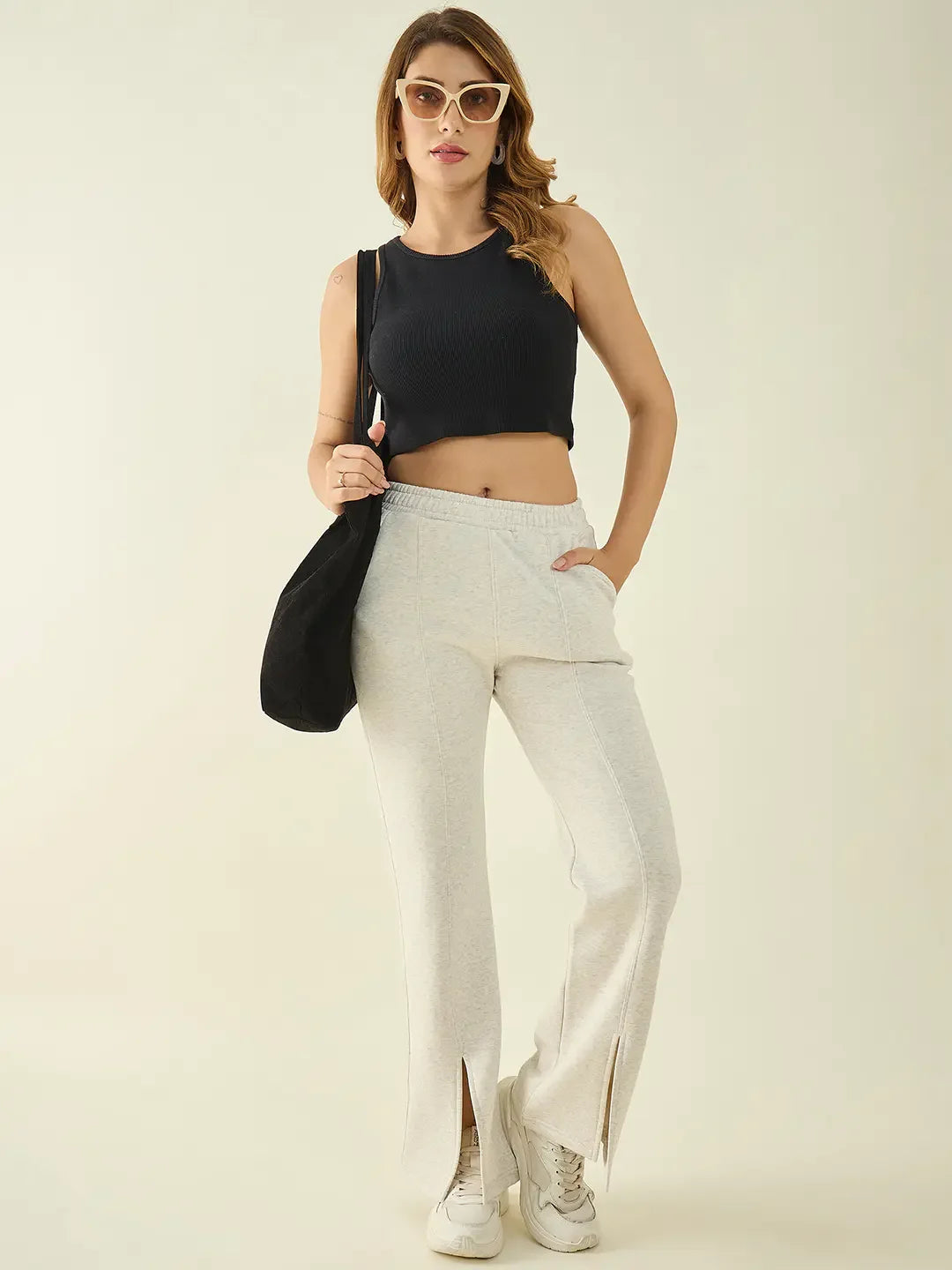 Ecru Beige Women’s Fleece Flared Sweatpants – Bootcut Style Winter Casual Pants in India