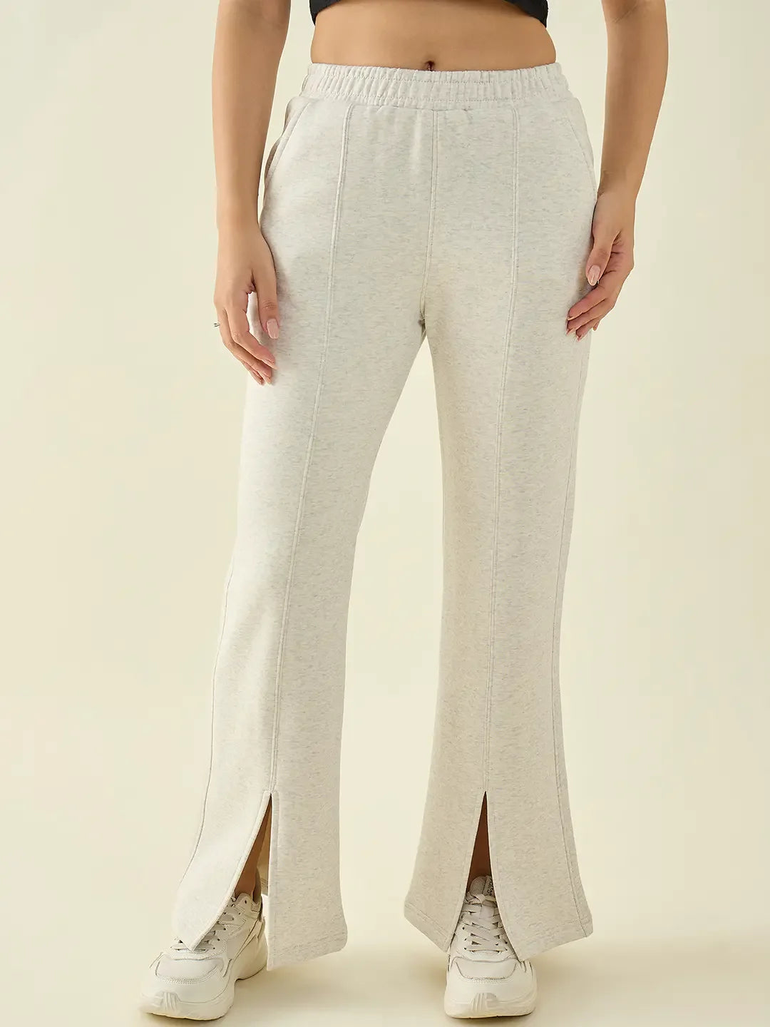 Ecru Beige Women’s Fleece Flared Sweatpants – Bootcut Style Winter Casual Pants in India