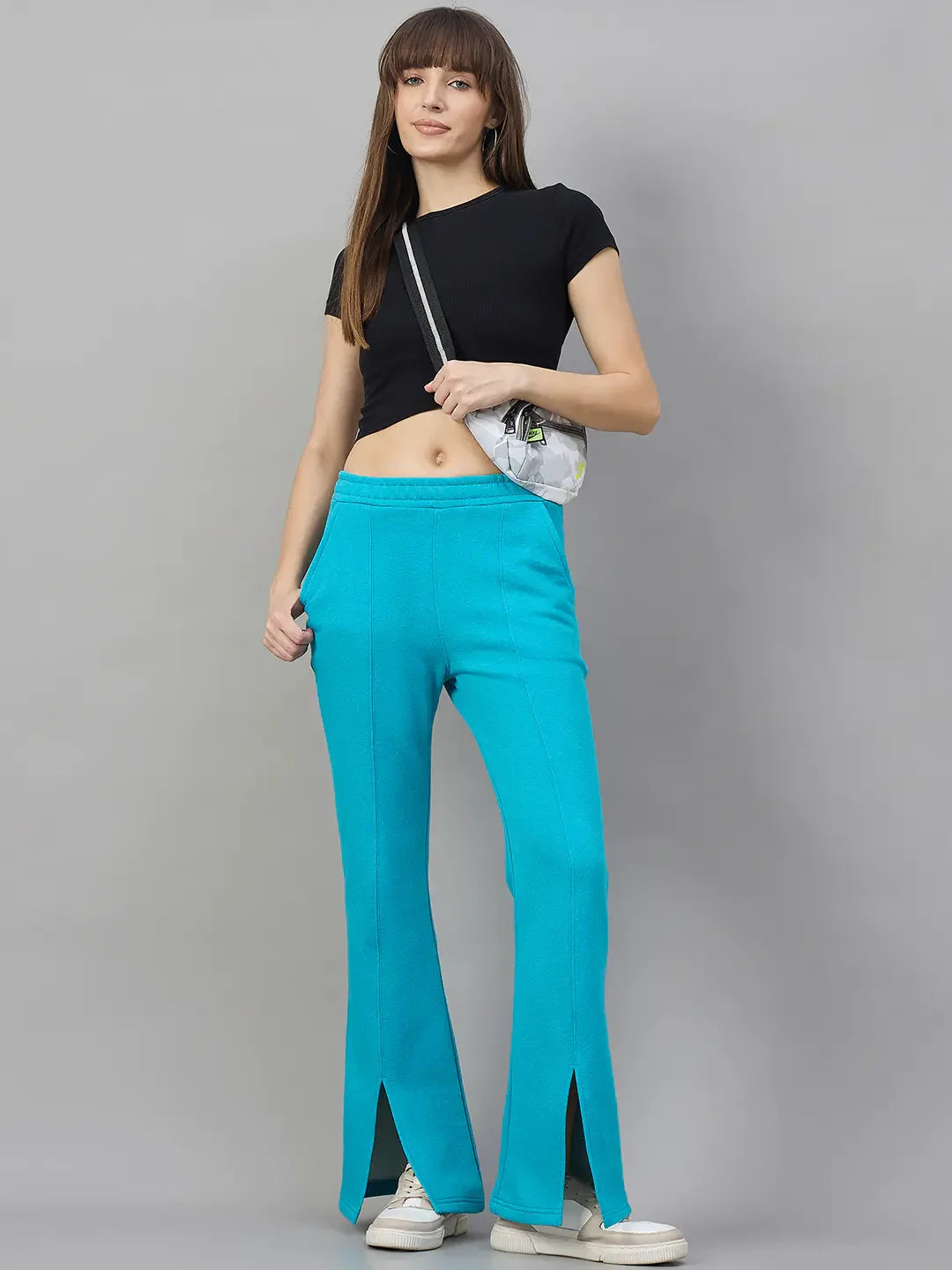 Ferozi Blue Women’s Fleece Bootcut Sweatpants – Flared Leg Winter Pants India