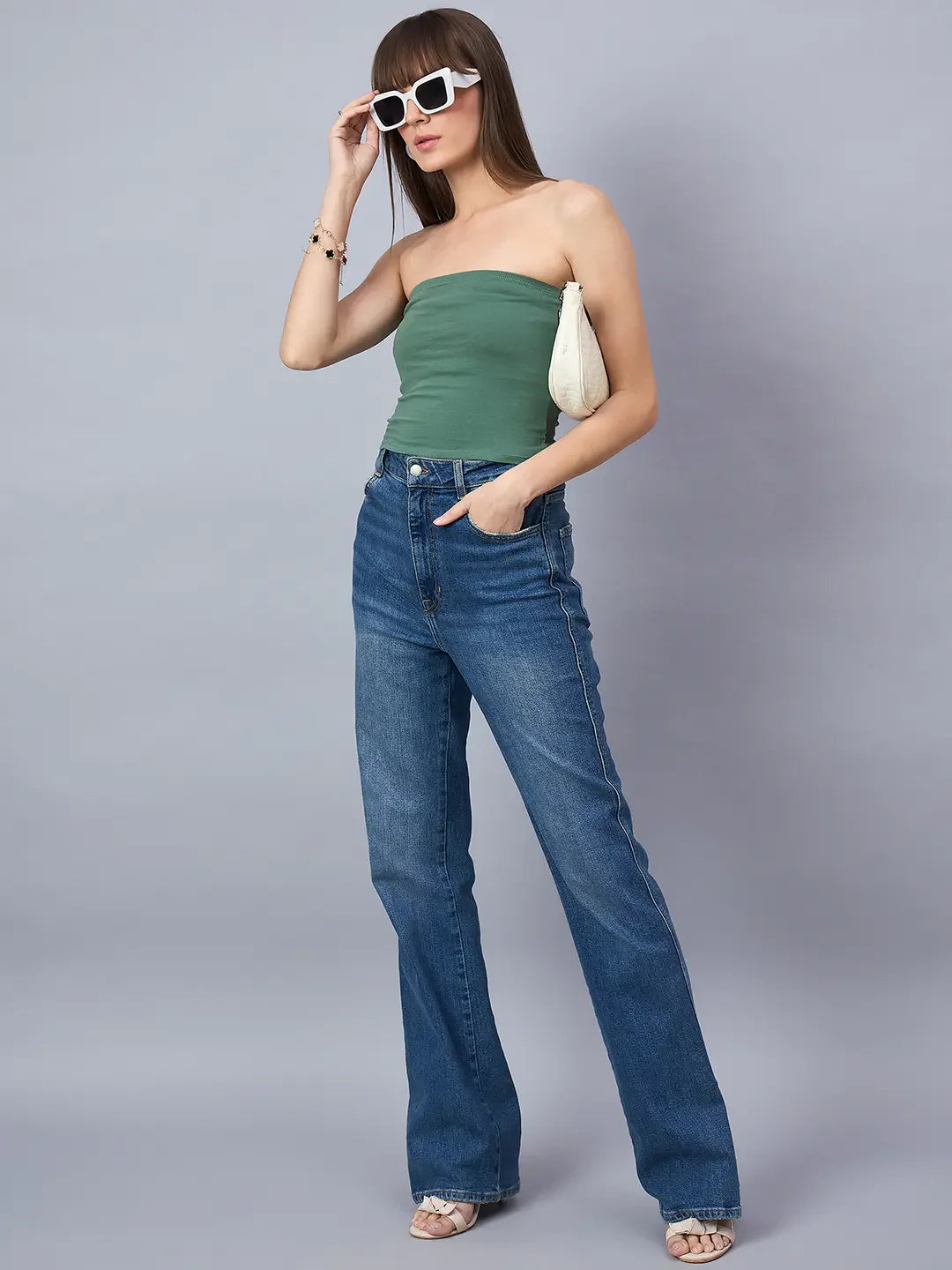 Green Strapless Tube Crop Top – Earthy Casual Layering Essential for Women | 98 Degree North India