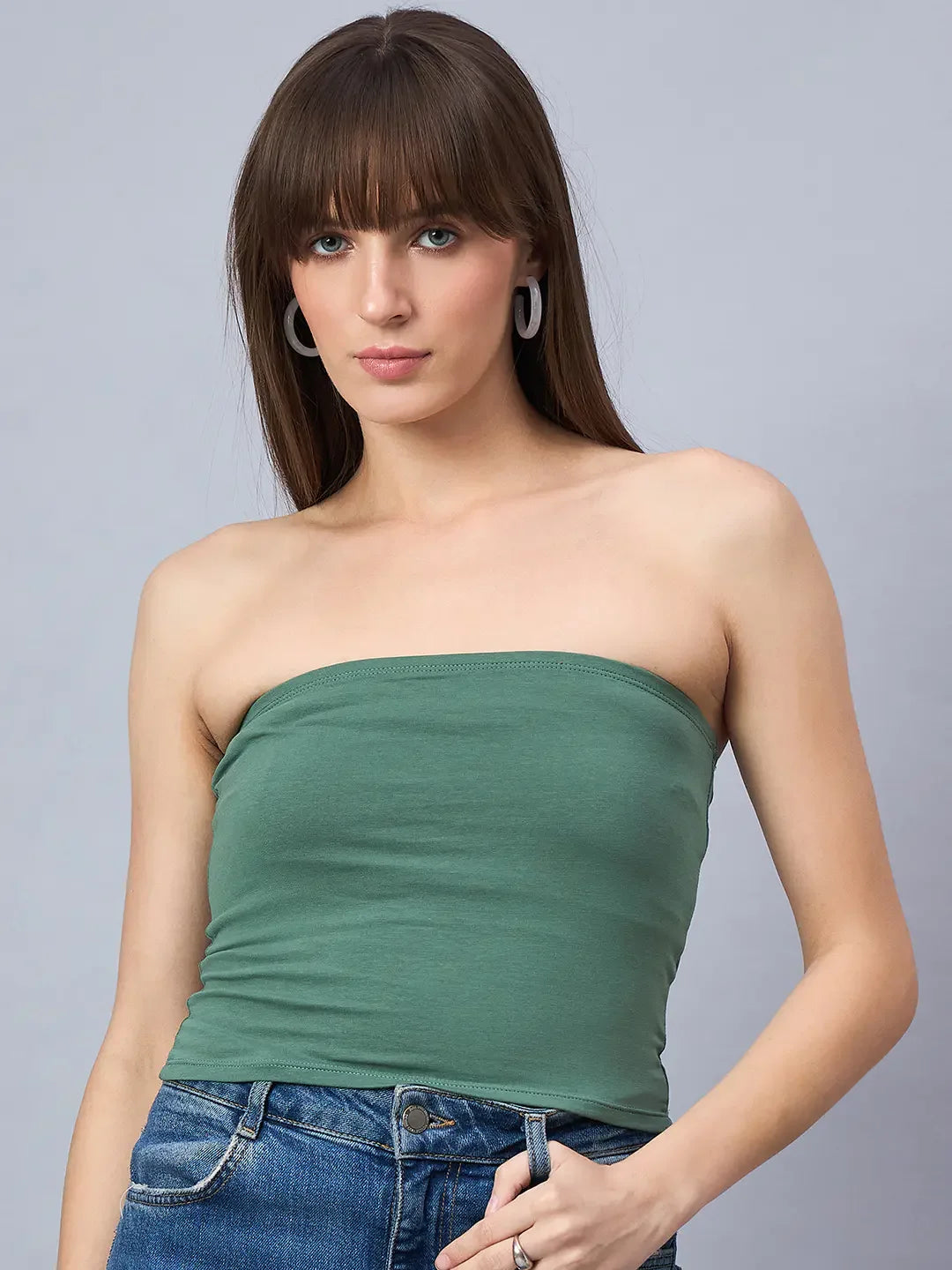 Green Strapless Tube Crop Top – Earthy Casual Layering Essential for Women | 98 Degree North India