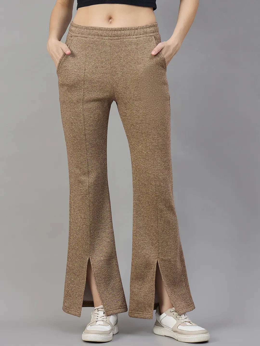 Light Coffee Melange Women’s Fleece Bootcut Sweatpants – Flared Leg Winter Pants India