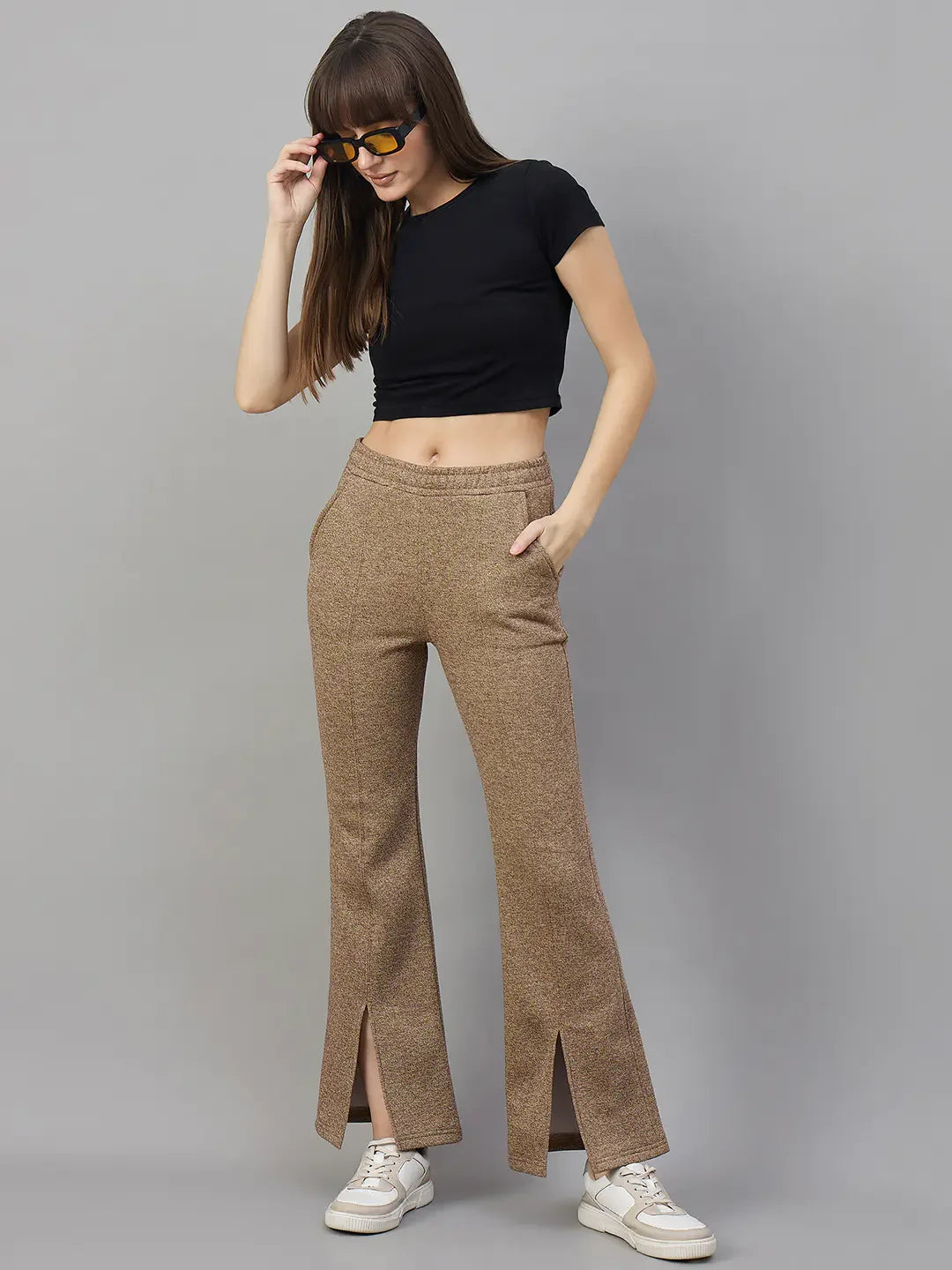 Light Coffee Melange Women’s Fleece Bootcut Sweatpants – Flared Leg Winter Pants India
