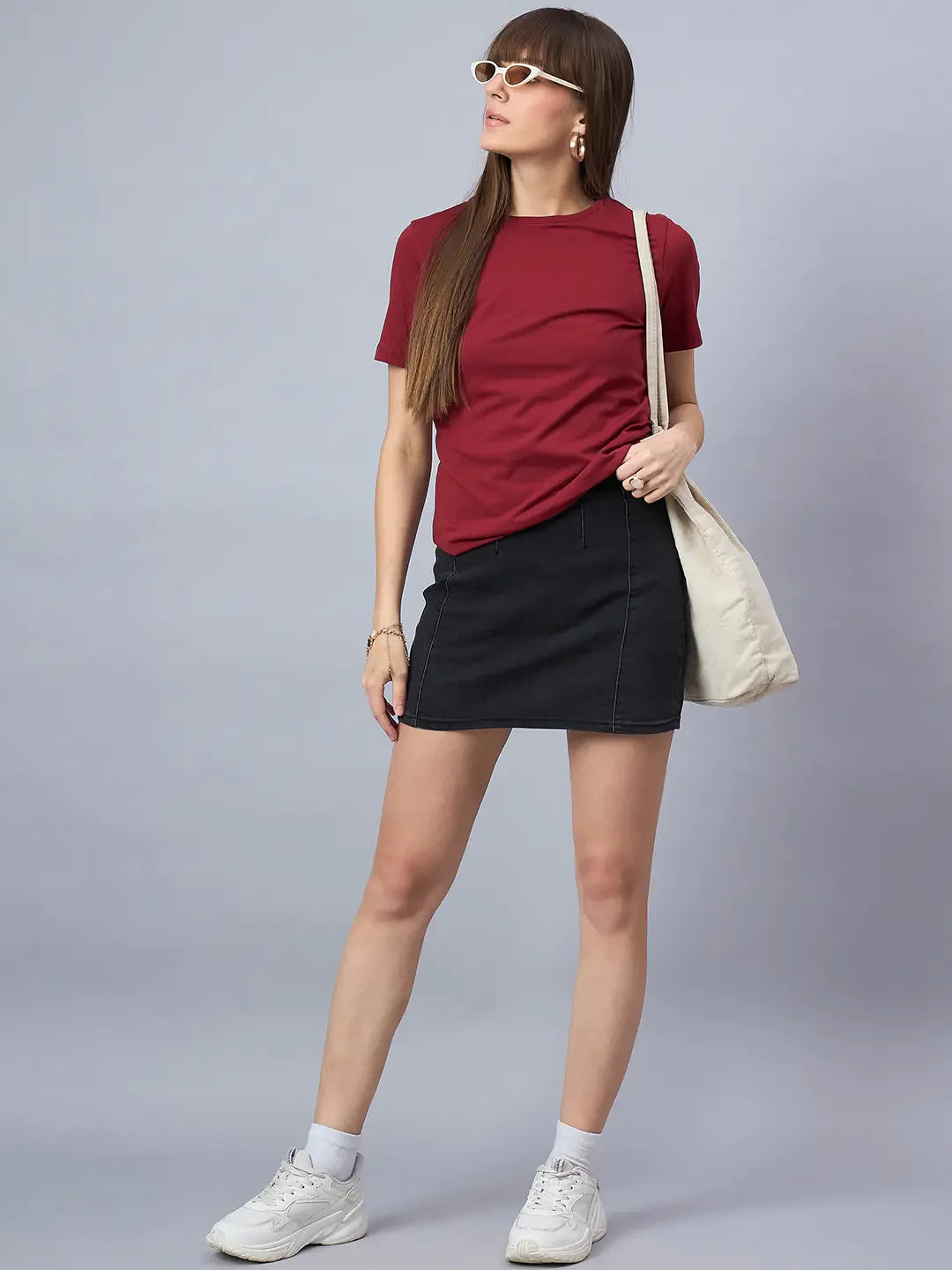 Maroon Round Neck Short Sleeve T-Shirt – Chic Casual & Festive Western Wear in India