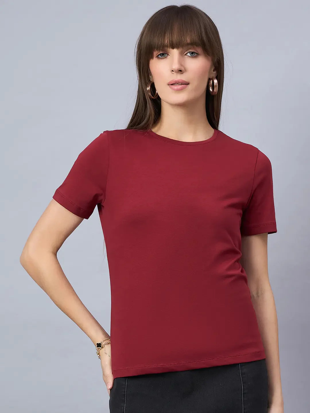 Maroon Round Neck Short Sleeve T-Shirt – Chic Casual & Festive Western Wear in India