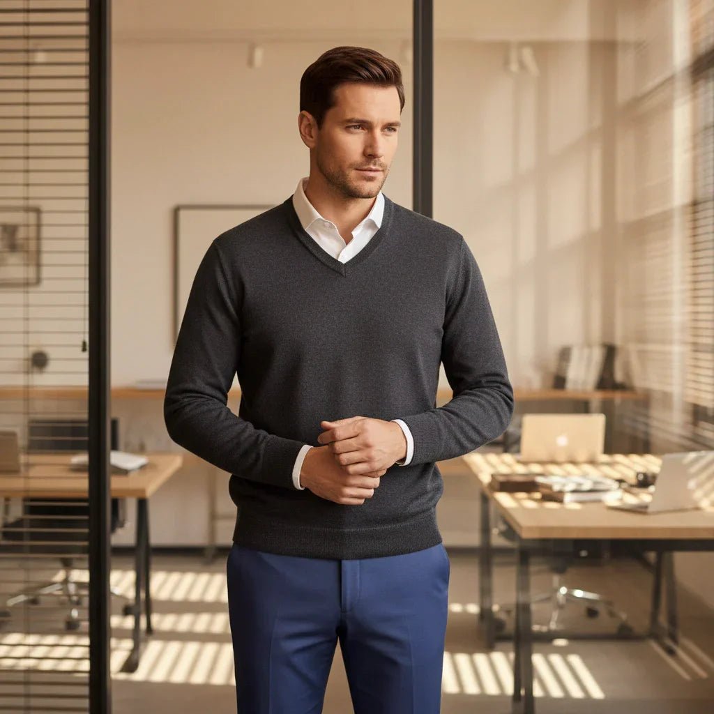 A man wears the 98degreenorth Men’s Anthra Merino Wool V-Neck Sweater in a modern office with glass walls and wooden desks.