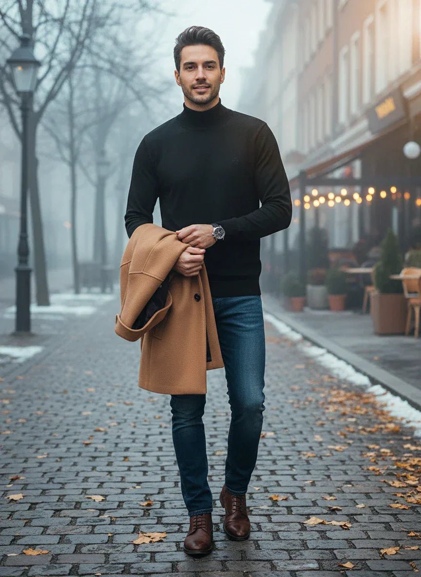 A man in a 98degreenorth Black Merino Wool Turtle Neck Sweater walks on a foggy street, holding a tan coat.
