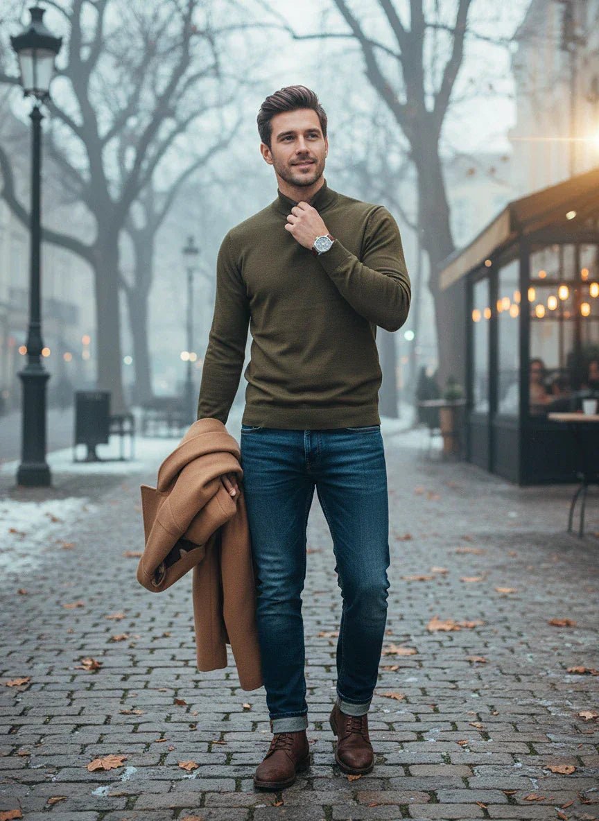 A man in 98degreenorth’s Coffee Merino Wool Turtle Neck Sweater walks on a cobblestone street with autumn trees behind.