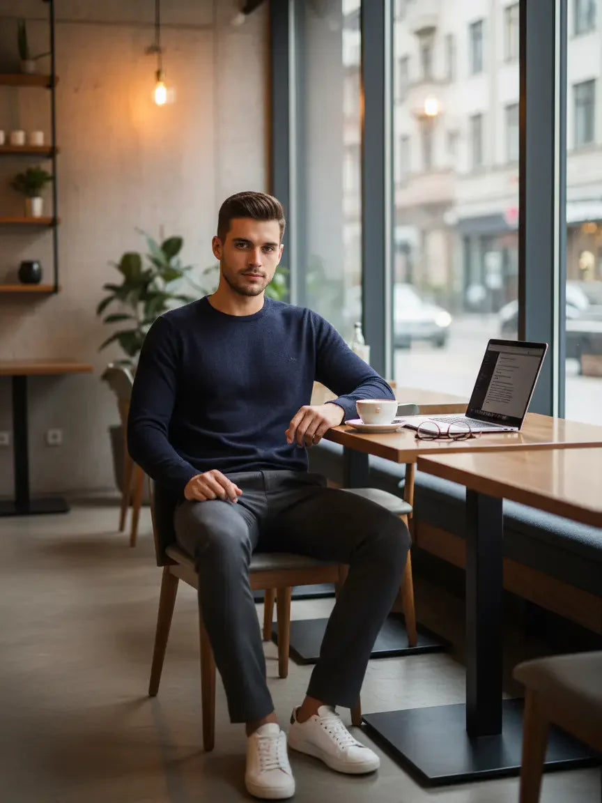 Man in a cafe wearing 98degreenorth Men’s Dark Denim Merino Wool Sweater, working on laptop with coffee by windows.