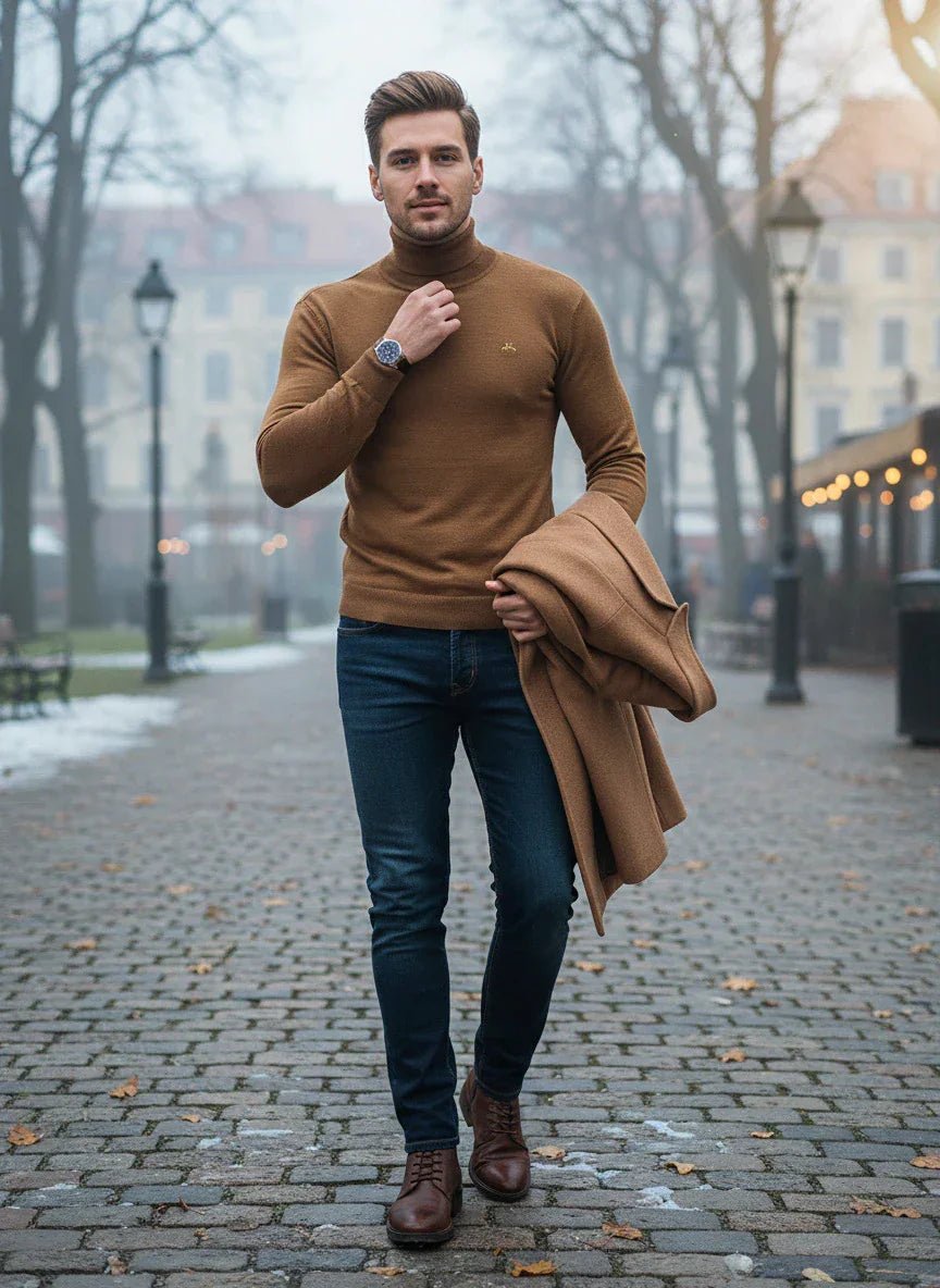 A man in a 98degreenorth dark khaki merino wool turtle neck sweater walks on a cobblestone path, holding a coat.