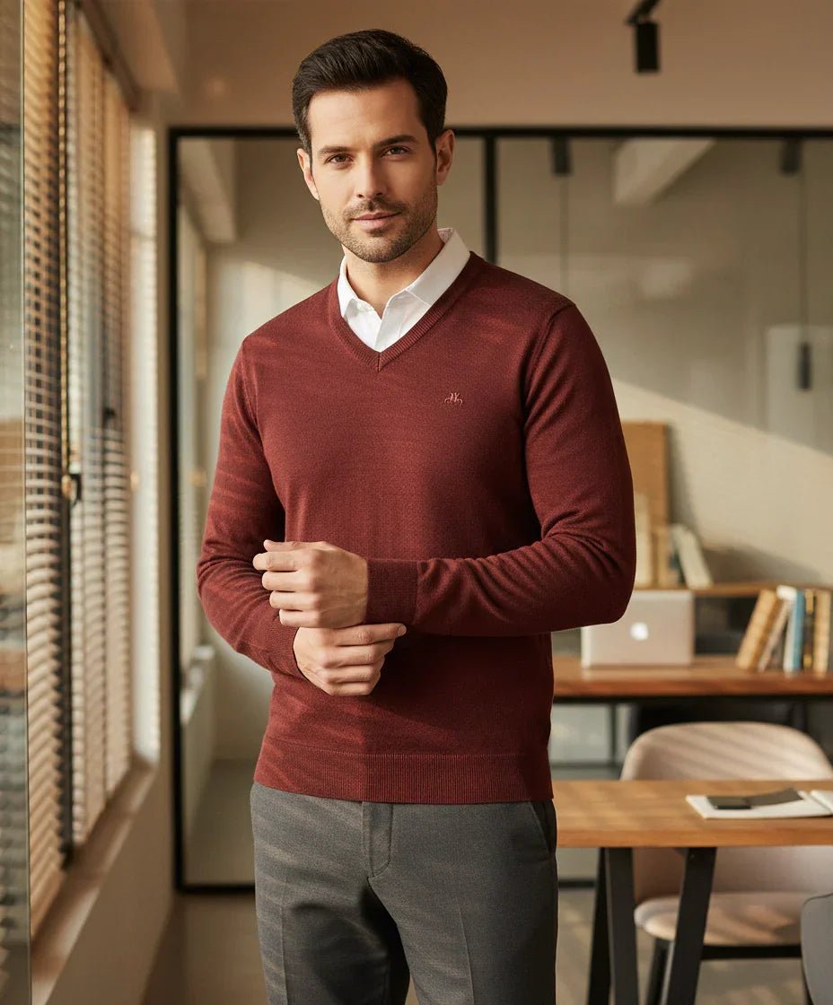 A man wears the 98degreenorth Men’s Dark Maroon Merino Wool V-Neck Sweater—perfect winter office wear.