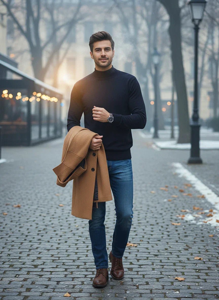 A man in a 98degreenorth Navy Merino Wool Turtle Neck walks a path, holding a tan coat, autumn trees behind him.