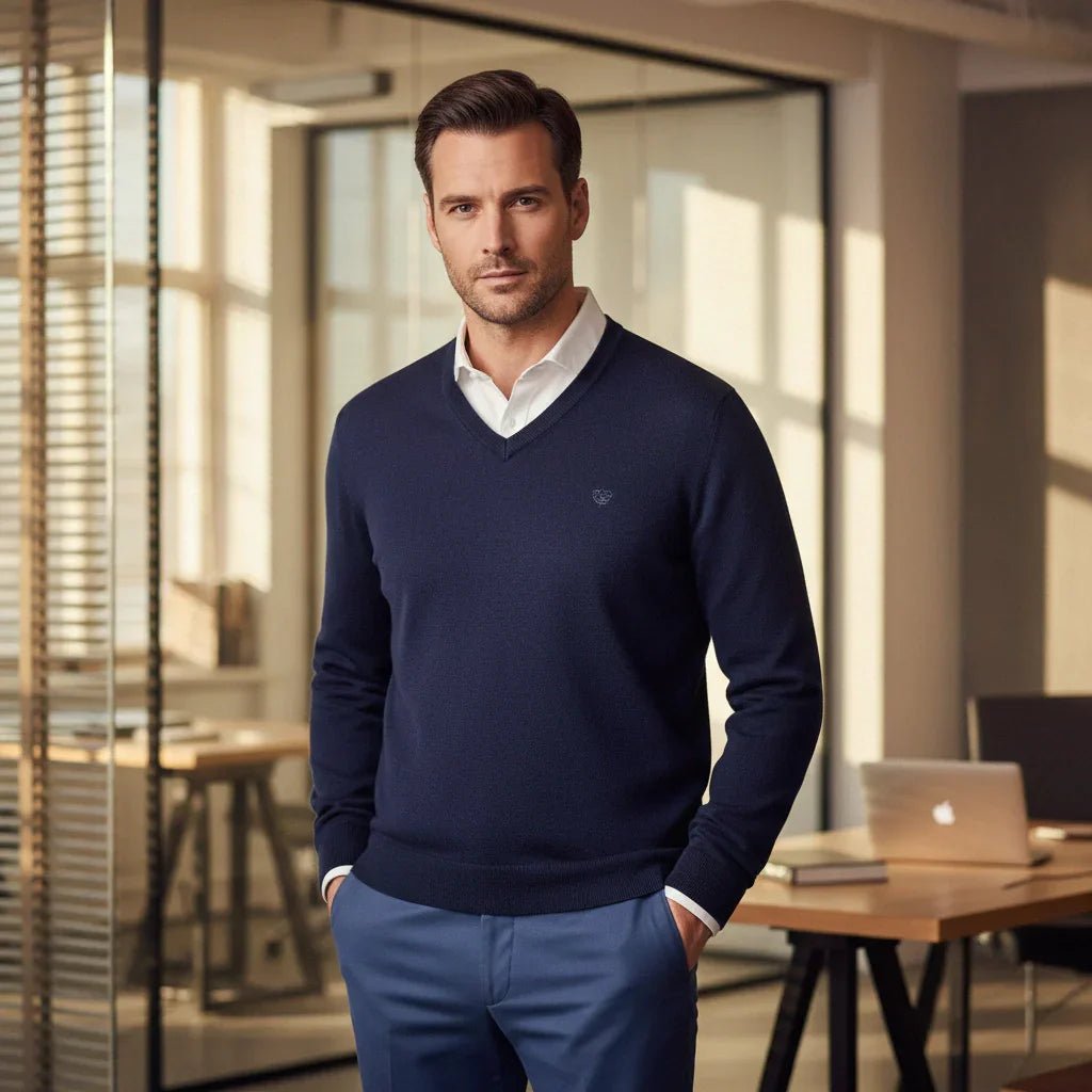 A man wears the 98degreenorth Men’s Dark Navy Merino Wool V-Neck Sweater, perfect for classic office style.
