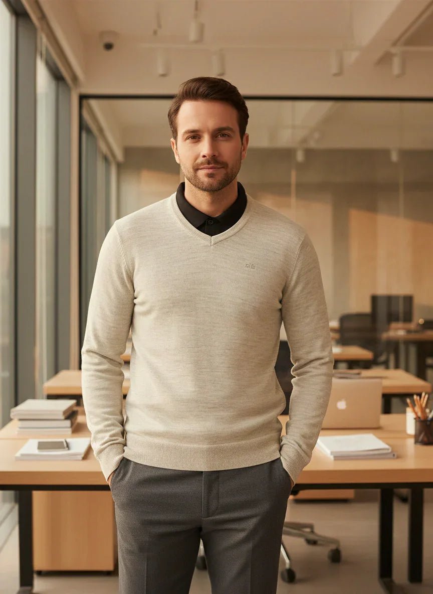A man in a 98degreenorth Men’s Ecru Merino Wool V-Neck Sweater stands in a modern office with large windows.