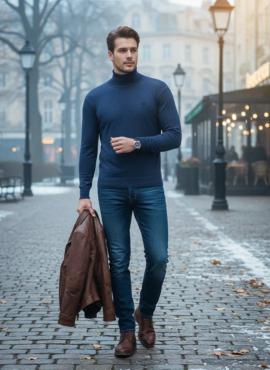 A man in a 98degreenorth Light Denim Merino Wool Turtle Neck Sweater walks outside, holding a brown jacket.