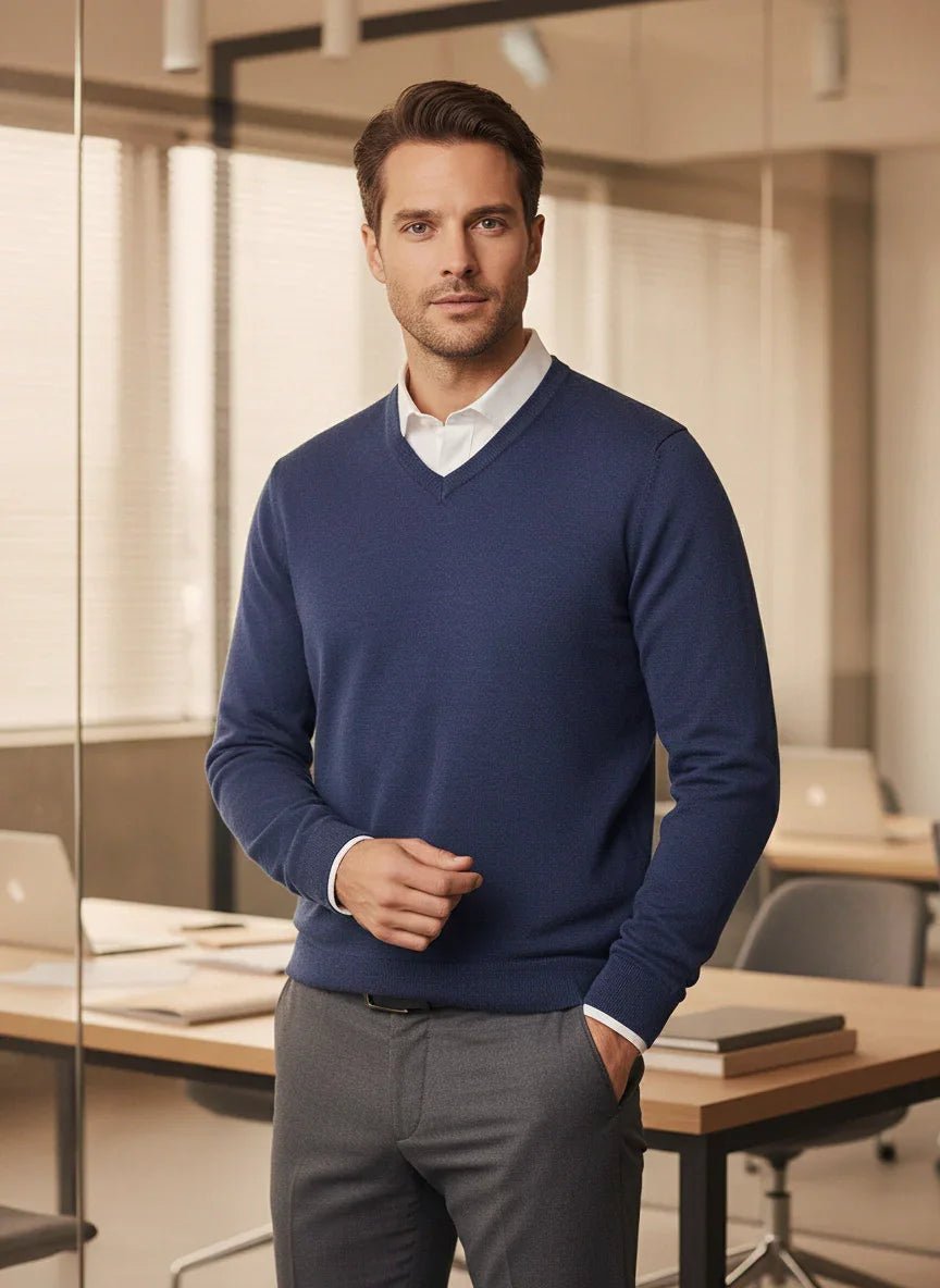 A man wears the 98degreenorth Men’s Light Denim Merino Wool V-Neck Sweater in a modern office setting.
