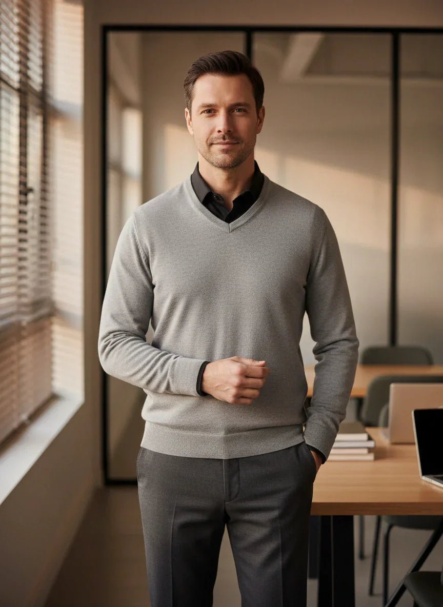 A man in business attire smiles in a 98degreenorth Men’s Light Grey Merino Wool V-Neck Sweater at the office.