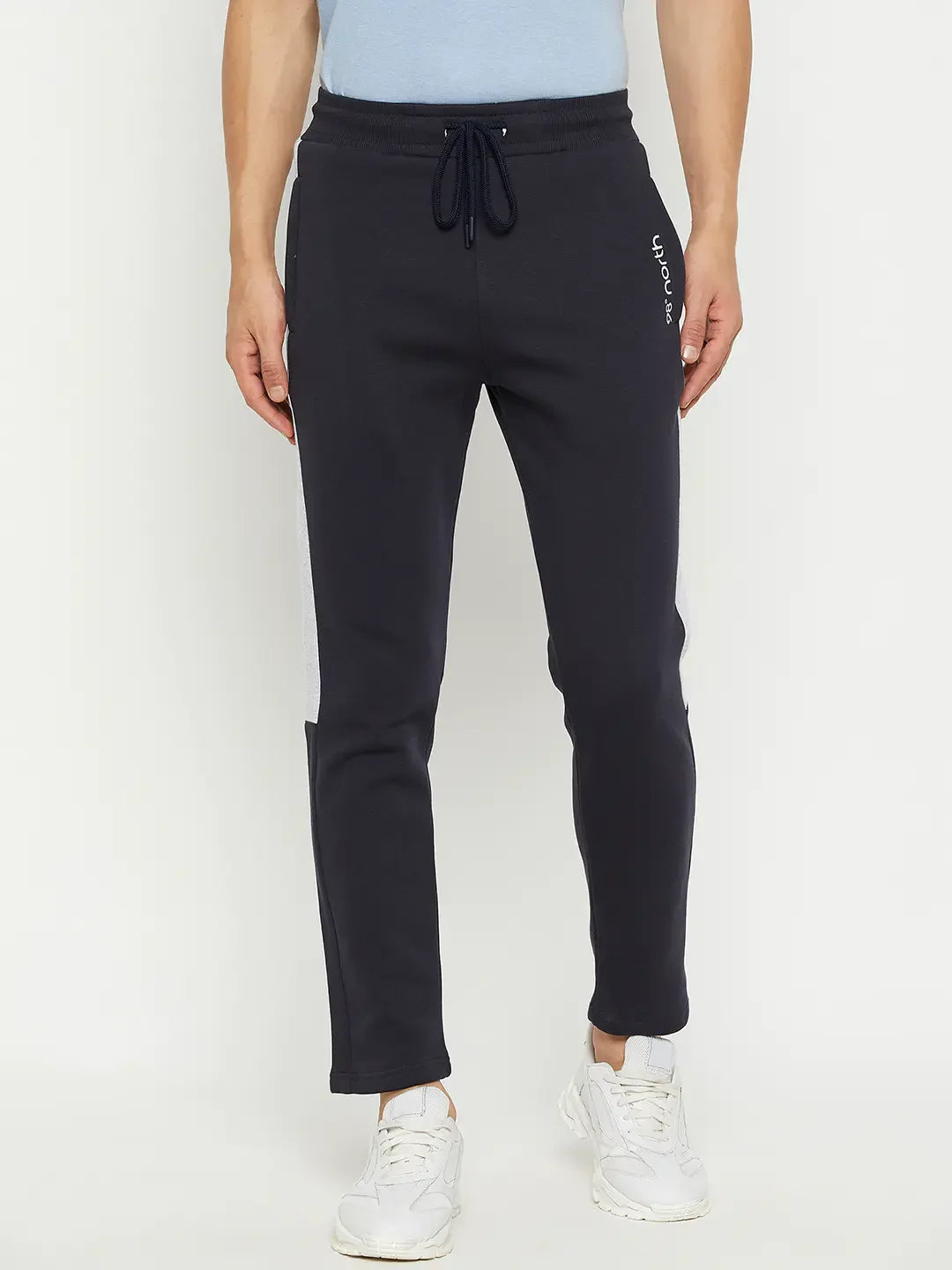 98degreenorth Men’s Navy Fleece Trackpants with Contrast Side Stripe – soft joggers styled for everyday winter wear.