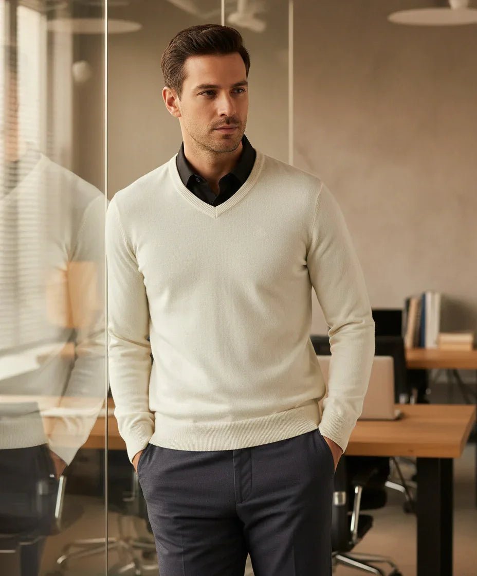 A man wears the 98degreenorth Off-White Merino Wool V-Neck Sweater, a soft neutral pullover for elegant layering.