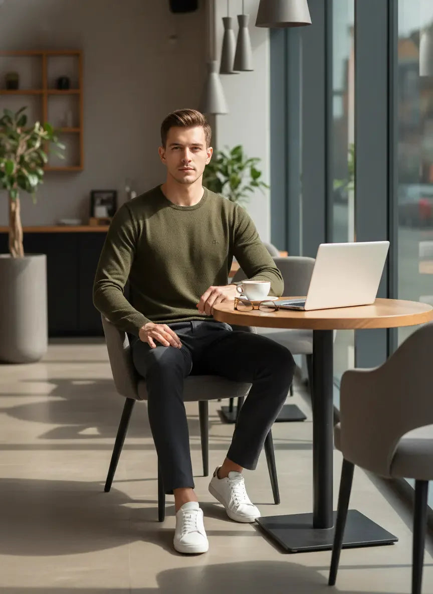 A man in a 98degreenorth Men’s Olive Premium Merino Wool Sweater works at a cafe with his laptop and coffee.