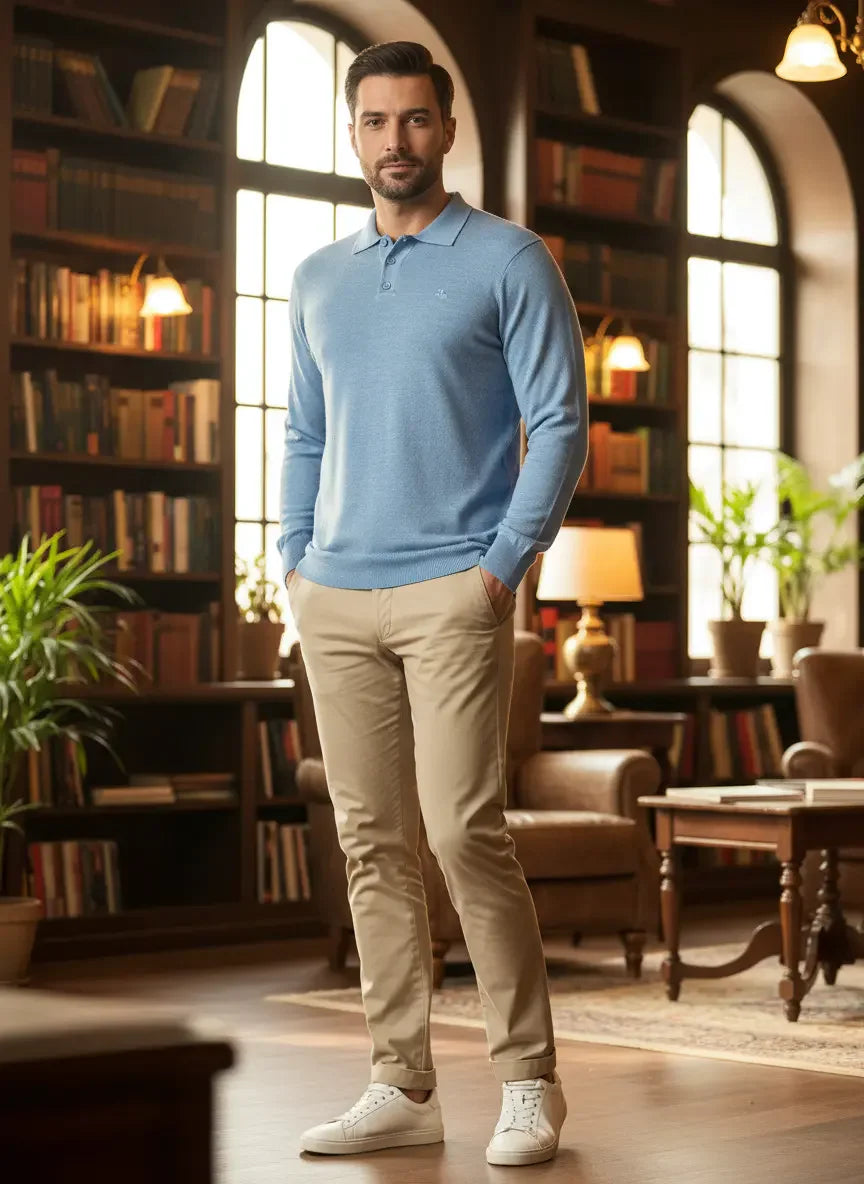 A man in a 98degreenorth Men’s Sky Blue Merino Wool Polo Sweater stands in a cozy library with books and plants.