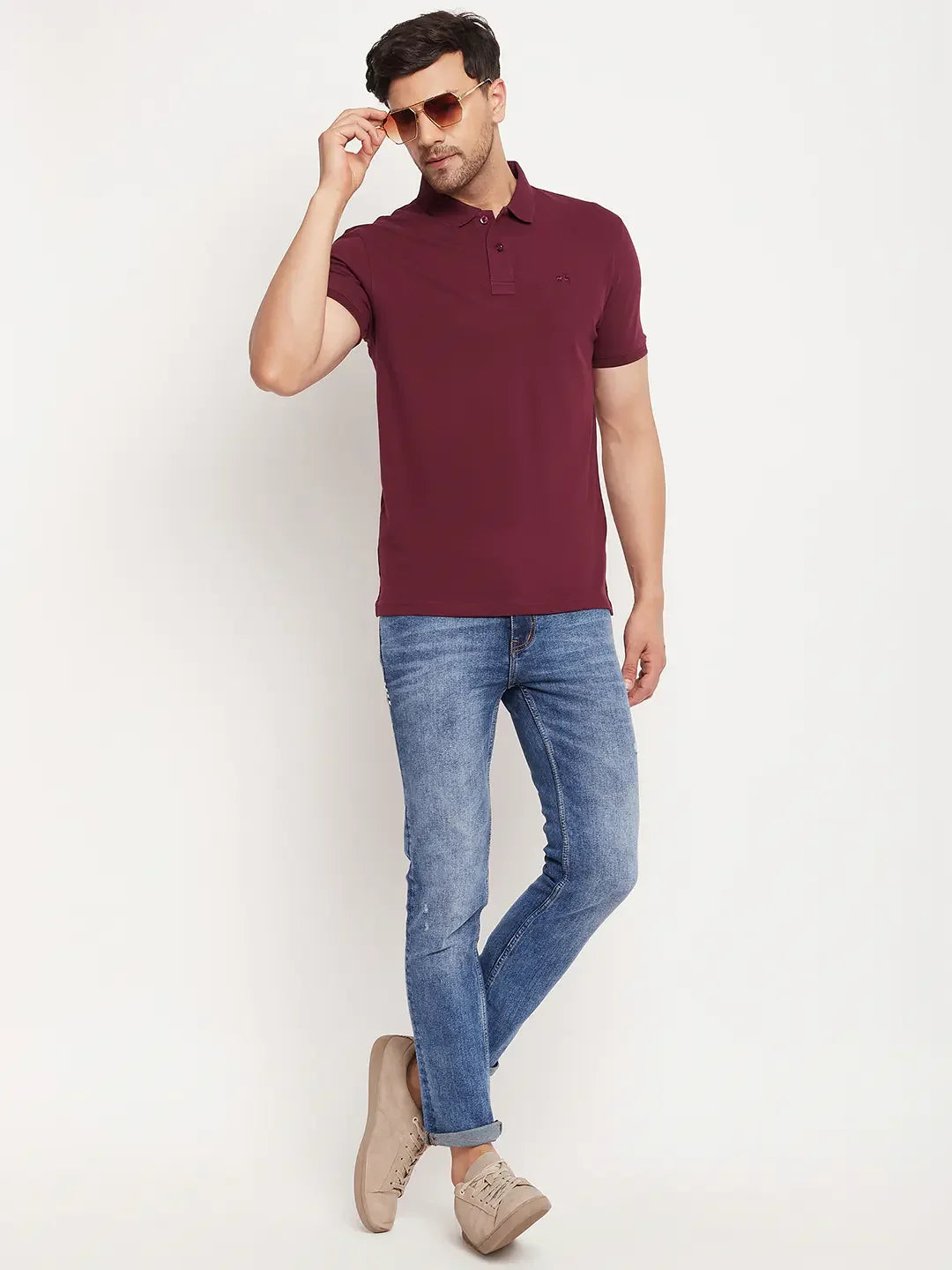 Men’s Stretchable Polo T-Shirt in Wine – Sophisticated Evening Casual