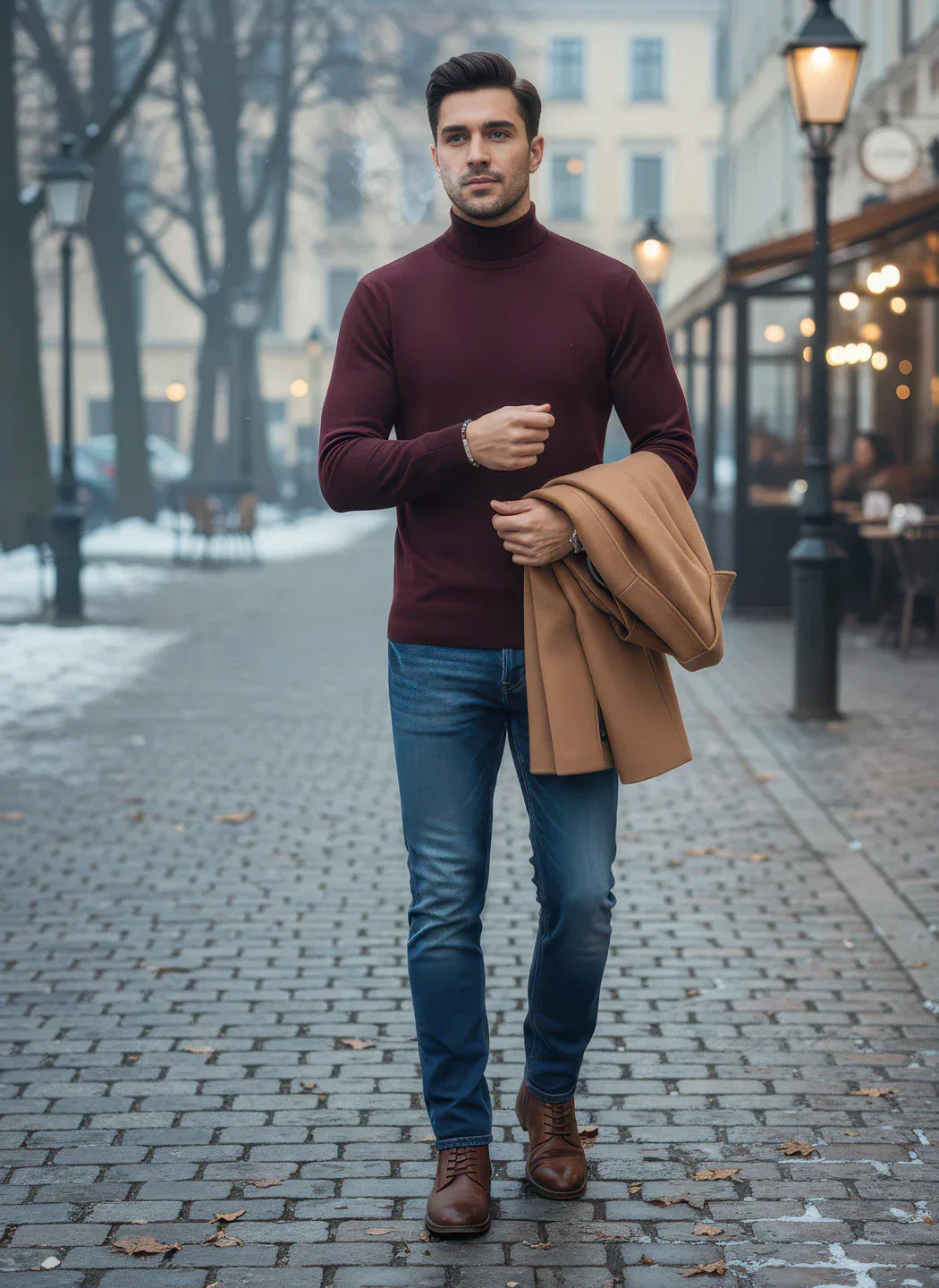A man in a 98degreenorth Men’s Wine Merino Wool Turtle Neck Sweater and jeans walks a snowy city street, coat in hand.