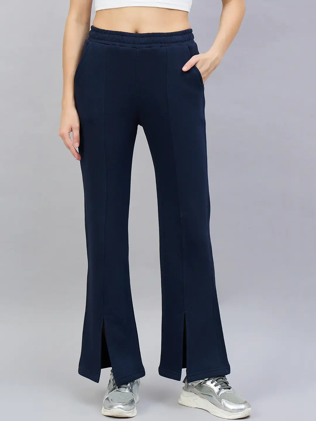 Navy Blue Women’s Fleece Flared Sweatpants – Bootcut Winter Casual Pants India