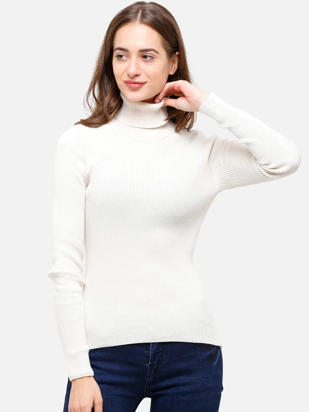 Woman in 98degreenorth Off White Ribbed Turtle Neck Sweater—stretchable, slim fit, ideal for winter & travel in India.