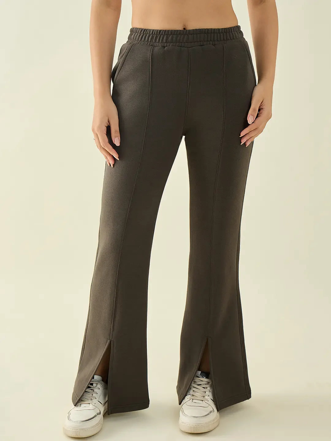 Olive Green Women’s Fleece Flared Sweatpants – Bootcut Warm Winter Track Pants India