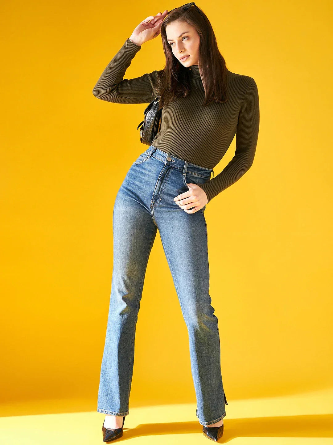 Olive Ribbed Turtleneck Sweater for Women – Stretchable Knit Slim Fit Top for Casual Winter Outfits