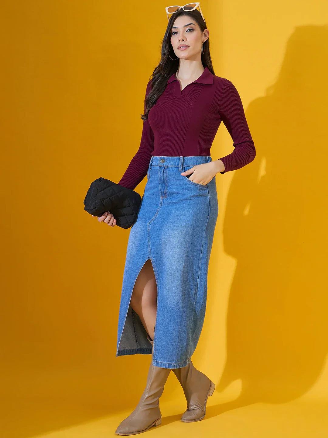 Rosewood Ribbed Collared Sweater – Elegant Women’s Knit Winter Fashion Top India