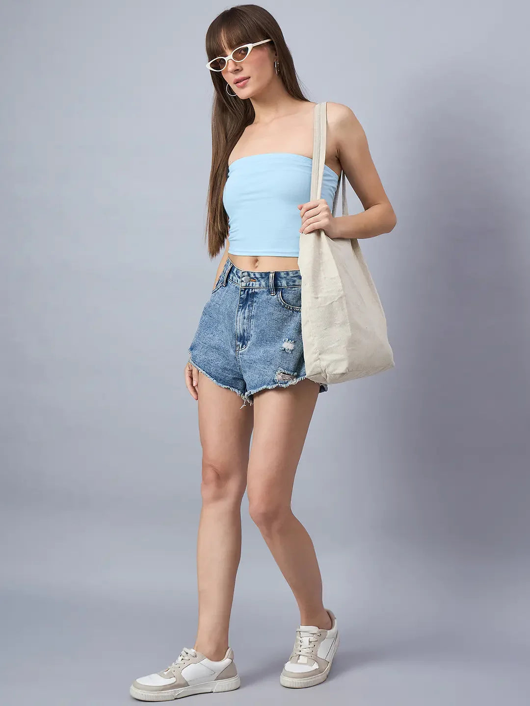 Sky Blue Strapless Tube Crop Top – Breezy Summer Casuals & Beach Day Essential | 98 Degree North